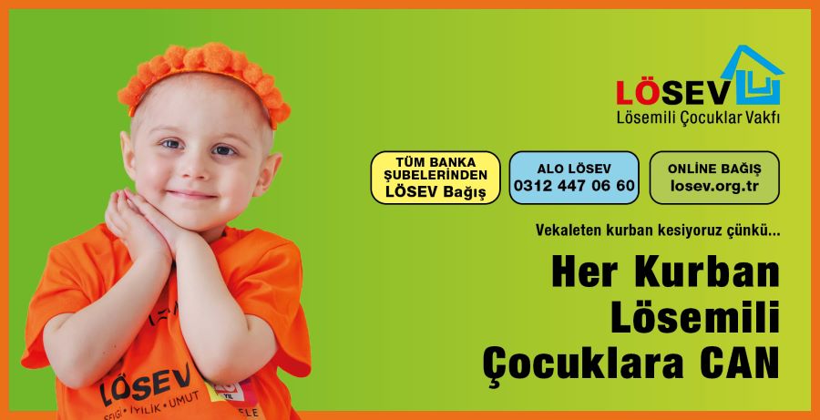LÖSEV kurban bağışı afişi, gülümseyen lösemili çocuk ve umut mesajı