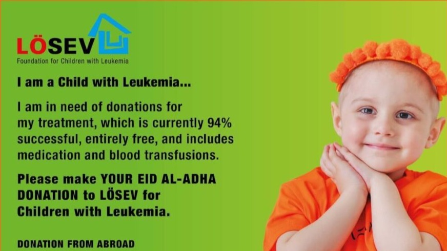 LÖSEV Eid al-Adha donation campaign visual featuring a smiling child with leukemia and a message of hope