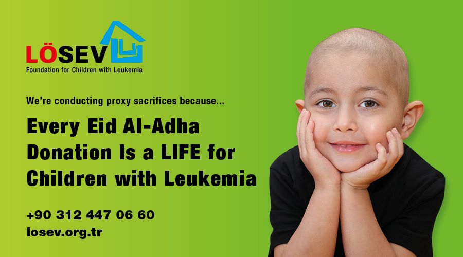 LÖSEV Eid al-Adha Qurbani donation campaign poster with a smiling child recovering from leukemia
