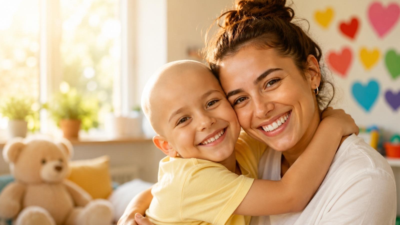 A child with leukemia embracing a smiling woman with love.