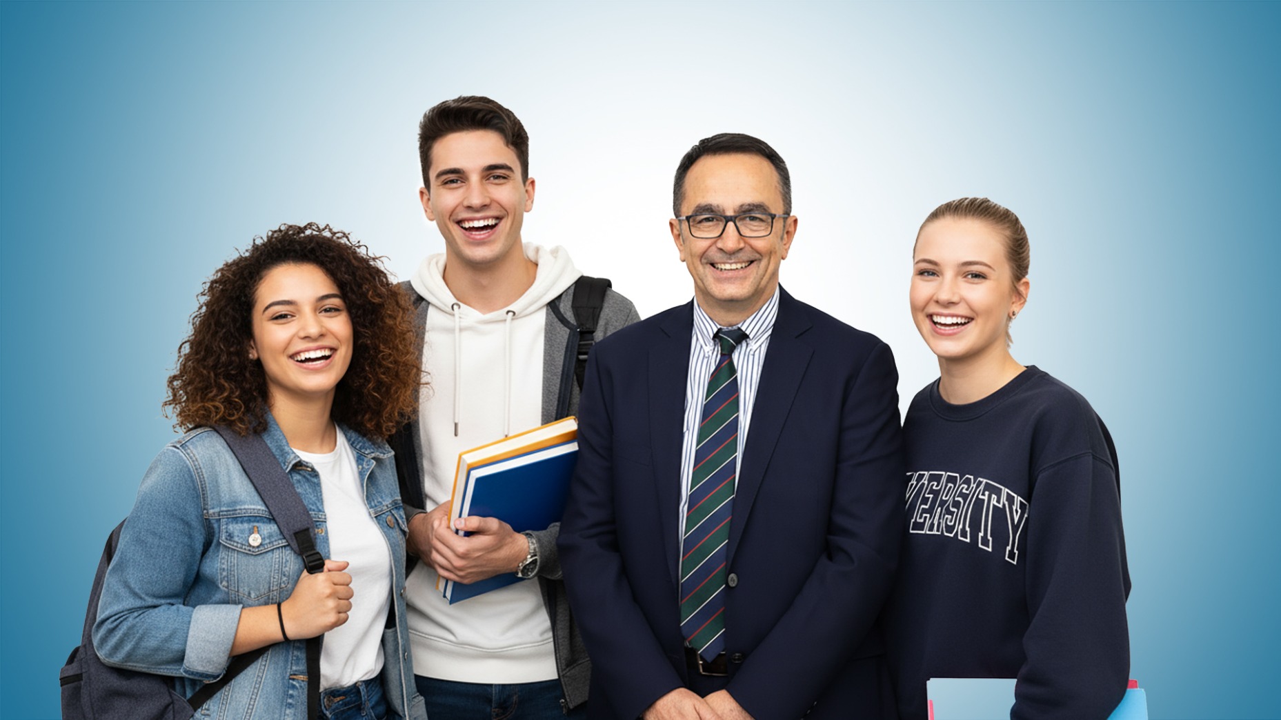 Üç LÖSEV gönüllüsü genç ve LÖSEV Yönetim Kurulu Başkanı Üstün Ezer, yan yana gülümserken görülüyor. Görsel, LÖSEV gönüllülük bilincini, gençlerin katılımını ve dayanışma ruhunu temsil ediyor.