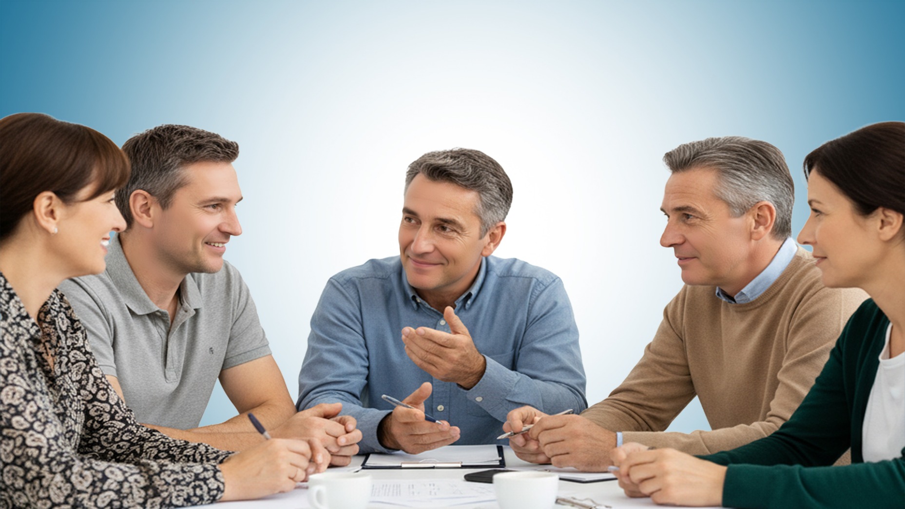 Beş LÖSEV gönüllü komite üyesi, toplantıda fikir alışverişi yaparak yeni projeler üzerine konuşuyor. Görsel, LÖSEV gönüllülük çalışmalarındaki dayanışma ve ekip ruhunu yansıtıyor.