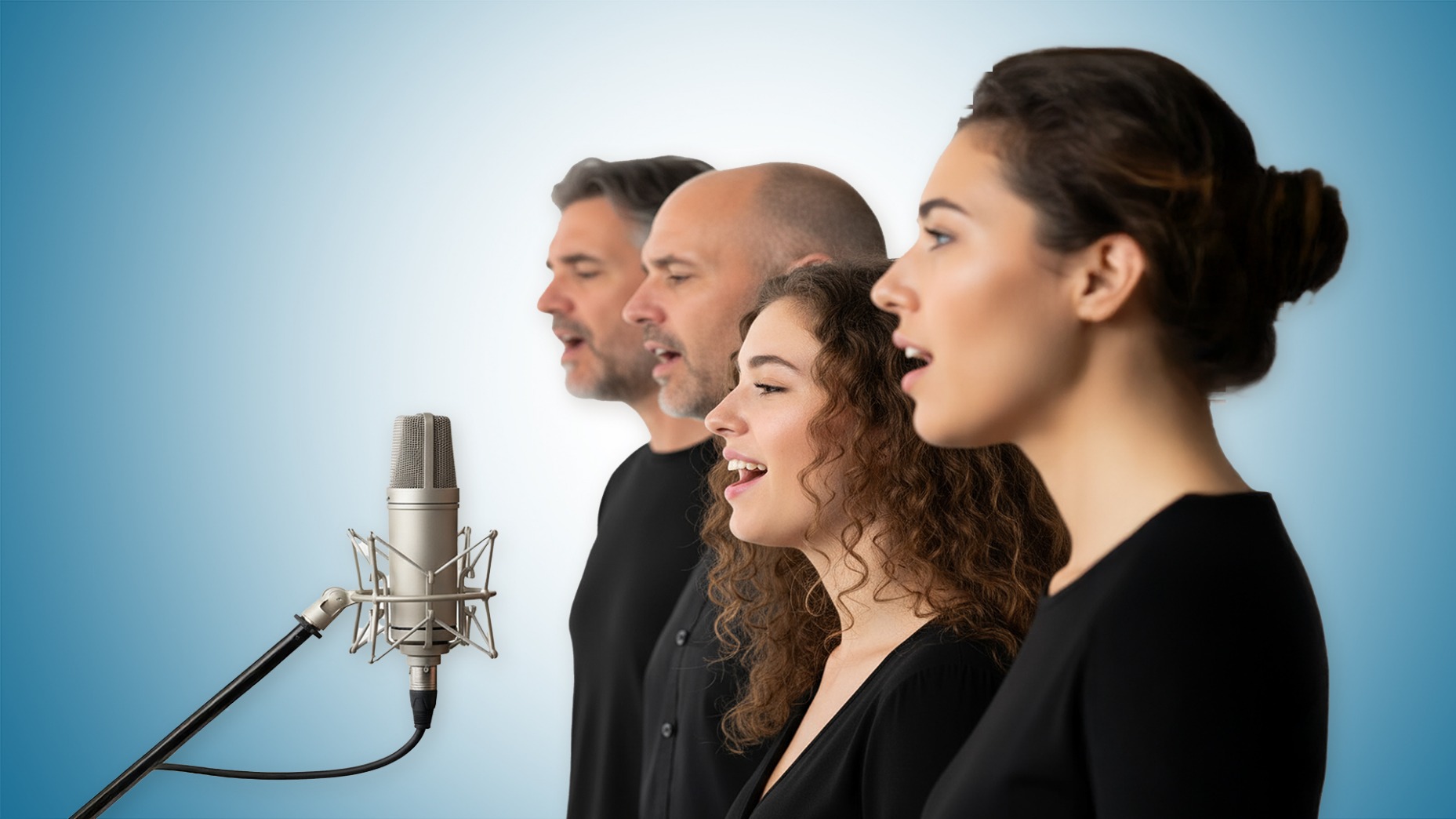 LÖSEV gönüllüsü İki kadın ve iki erkek, koro çalışmasında mikrofon karşısında şarkı söylüyor. Görsel, LÖSEV Gönüllü Korosu’nun birlik ve dayanışma ruhunu yansıtıyor.