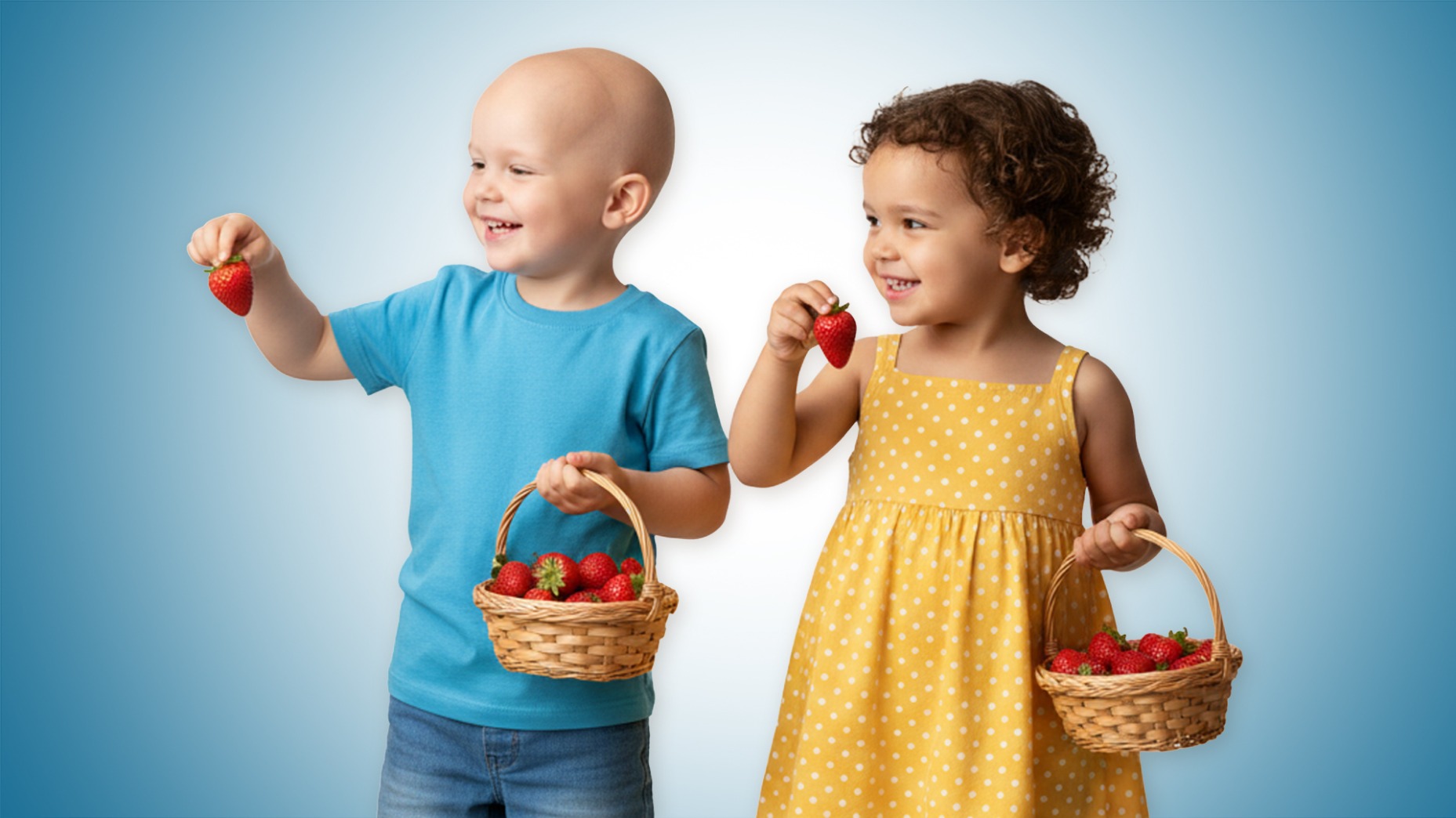 Biri lösemili iki çocuk, ellerindeki sepetlerdeki bahçeden toplanan çilekleri tutarak gülümsüyor. Görsel, LÖSEV’in çocuklara umut ve yaşam sevinci kazandıran etkinliklerini yansıtıyor.