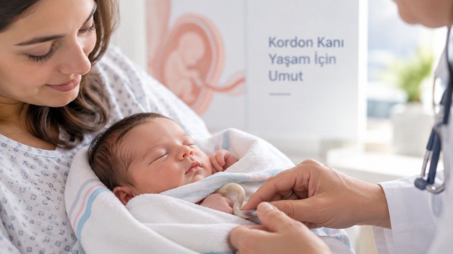 Yenidoğan bebeğini kucağında tutan anne ve bebeğin kordon bağına bakan doktor.