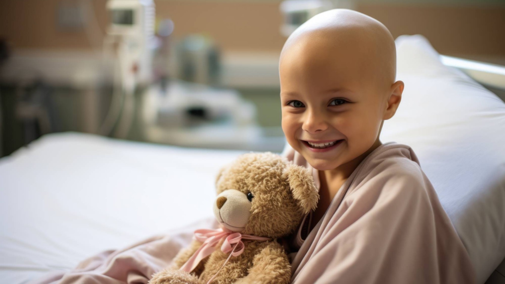 Lösemili bir çocuk, LÖSEV’e ait LÖSANTE Hastanesi’nde odasında gülümserken. Oda ve levha bağışıyla desteklenen bu iyilik hareketi, lösemili ve kanserli çocuklara umut ve ücretsiz tedavi imkânı sunuyor.
