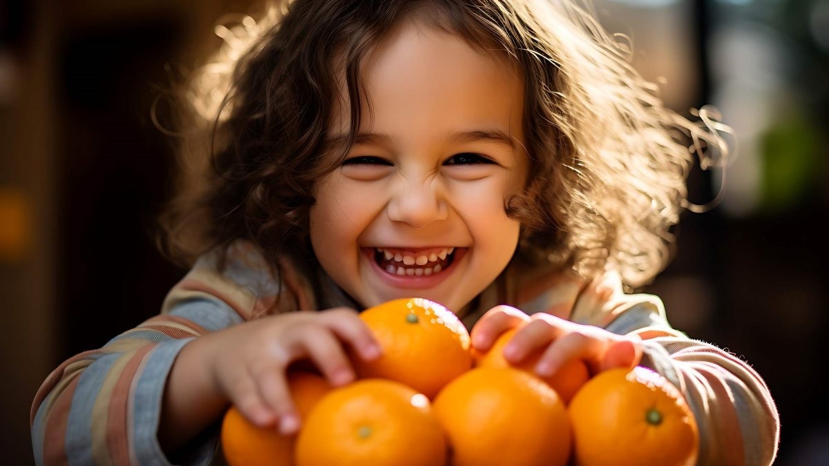 LÖSEV’in “Yurdumun Köy Okullarına İyilik Düştü” projesinde mandalina tutan gülümseyen bir çocuk.