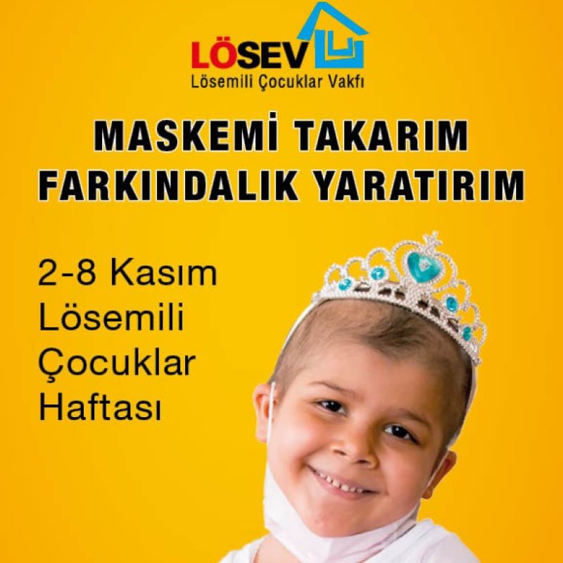 LÖSEV’in 20. yıl afişi; maskeli lösemili bir çocuk, ‘Maskemi Takarım Farkındalık Yaratırım’ kampanya sloganı ve ‘2–8 Kasım Lösemili Çocuklar Haftası’ mesajı ile.
