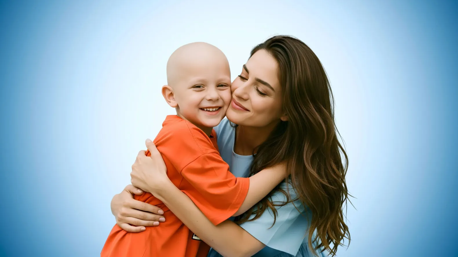 Düzenli bağışların lösemili çocuklara umut verdiğini gösteren görselde bir çocuğun umutla gülümsediği ve sevgi dolu bir şekilde bir kadına sarıldığı duygu dolu an yansıtılıyor. 